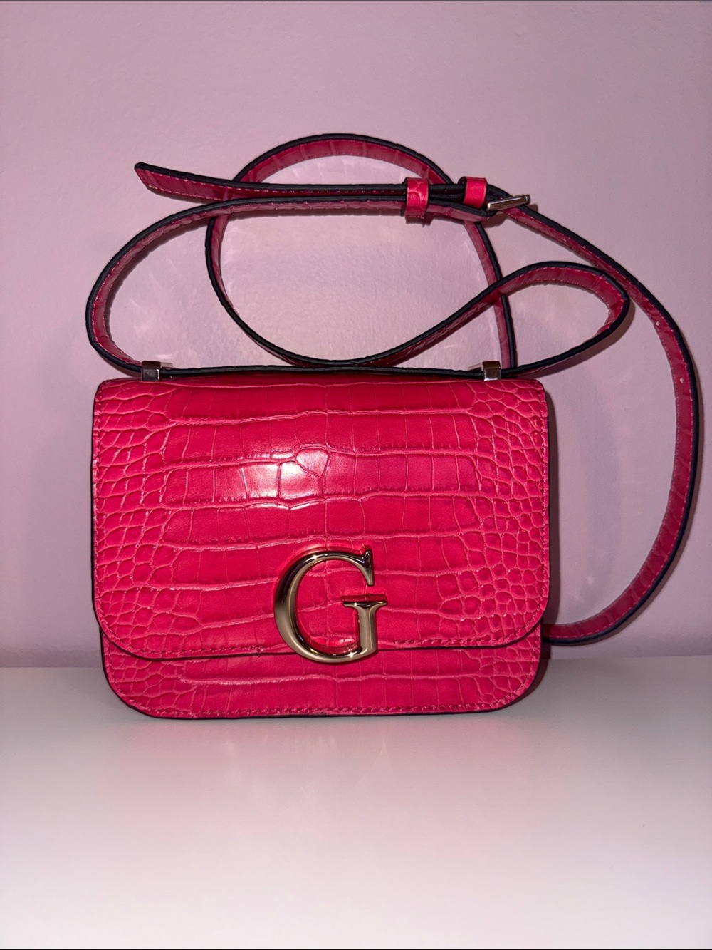 GUESS Hot Pink Croc-Embossed Crossbody Bag with Gold G